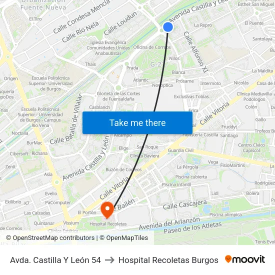 Avda. Castilla Y León 54 to Hospital Recoletas Burgos map
