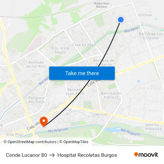 Conde Lucanor 80 to Hospital Recoletas Burgos map