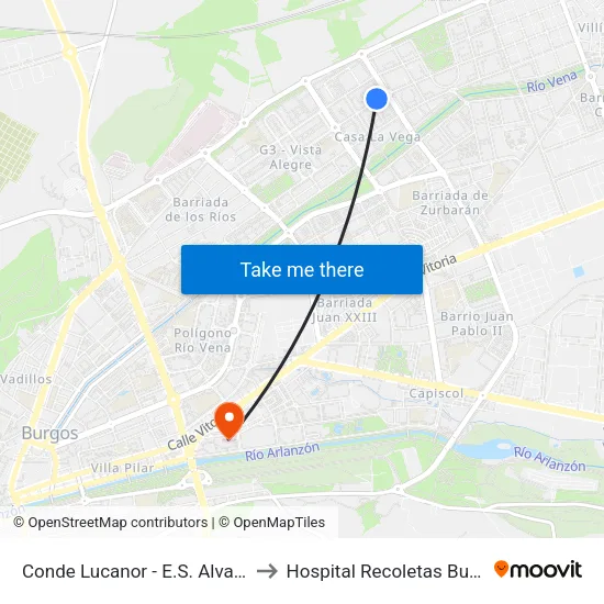 Conde Lucanor - E.S. Alvarado to Hospital Recoletas Burgos map