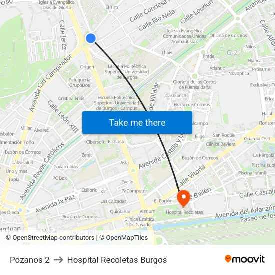 Pozanos 2 to Hospital Recoletas Burgos map
