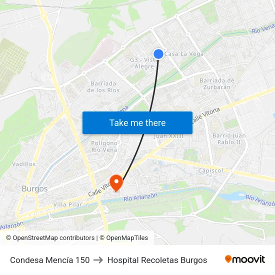 Condesa Mencía 150 to Hospital Recoletas Burgos map