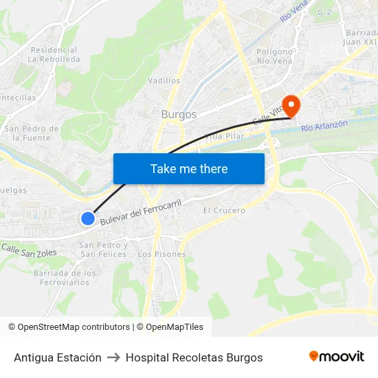 Antigua Estación to Hospital Recoletas Burgos map