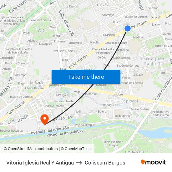 Vitoria Iglesia Real Y Antigua to Coliseum Burgos map