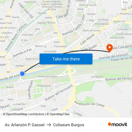 Av. Arlanzón P. Gasset to Coliseum Burgos map