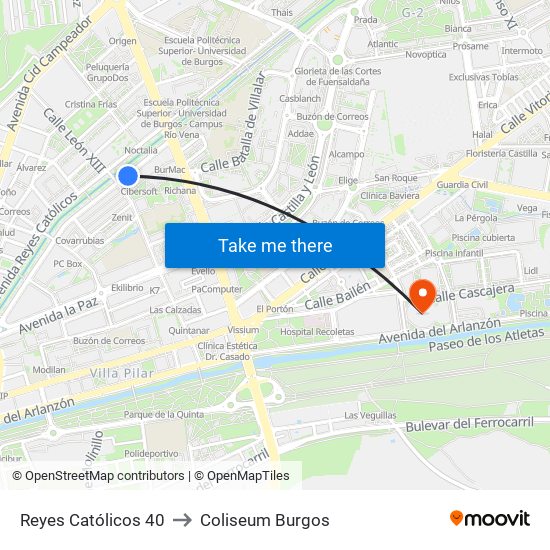 Reyes Católicos 40 to Coliseum Burgos map