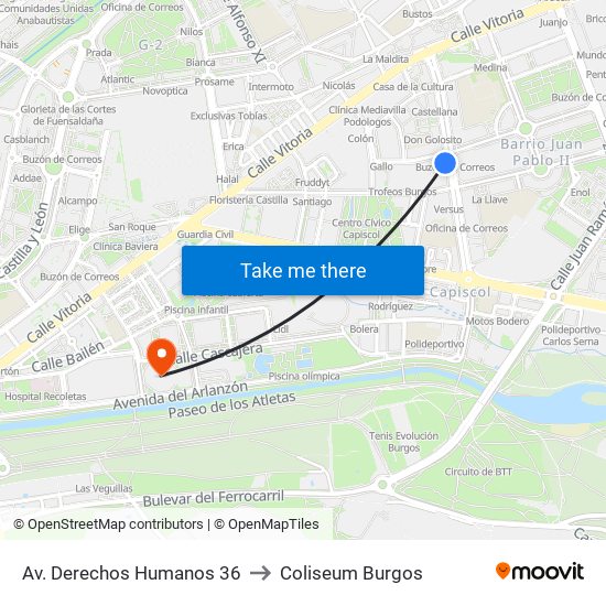 Av. Derechos Humanos 36 to Coliseum Burgos map