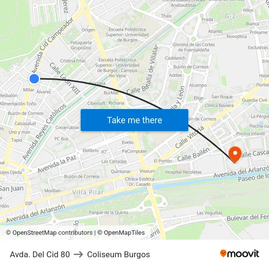 Avda. Del Cid 80 to Coliseum Burgos map
