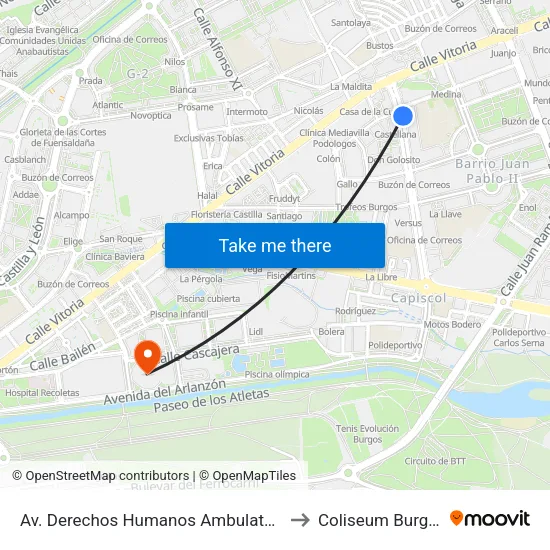 Av. Derechos Humanos Ambulatorio to Coliseum Burgos map