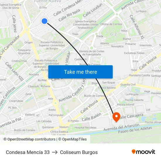 Condesa Mencía 33 to Coliseum Burgos map