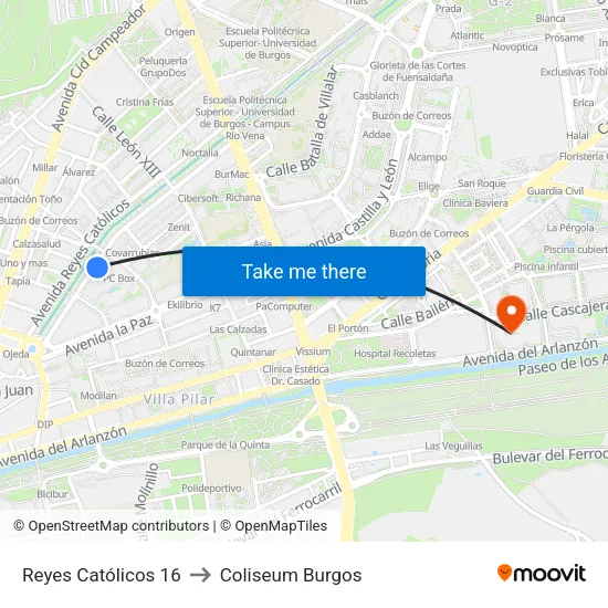 Reyes Católicos 16 to Coliseum Burgos map