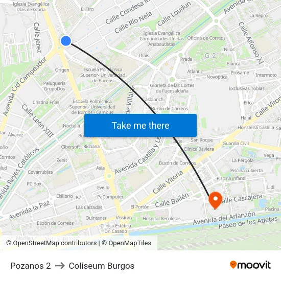 Pozanos 2 to Coliseum Burgos map
