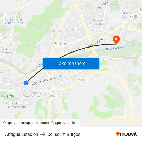 Antigua Estación to Coliseum Burgos map
