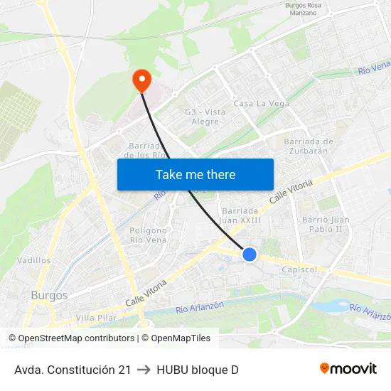 Avda. Constitución 21 to HUBU bloque D map