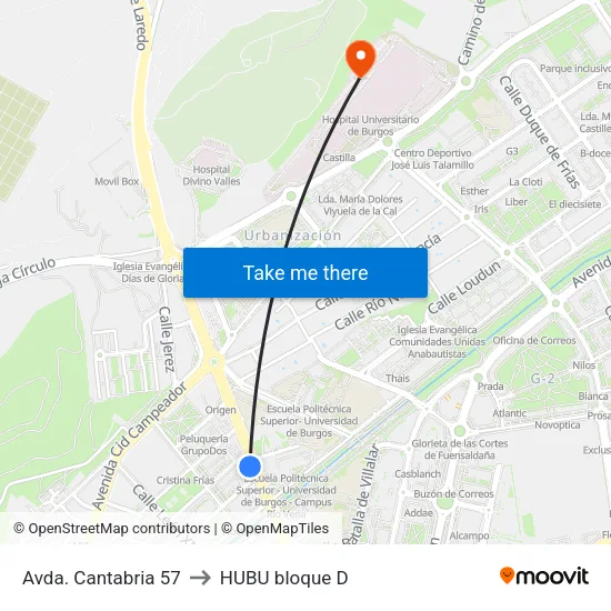 Avda. Cantabria 57 to HUBU bloque D map