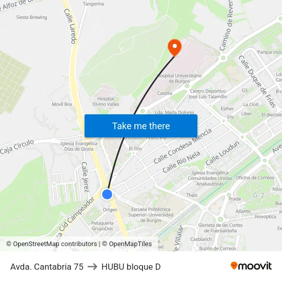 Avda. Cantabria 75 to HUBU bloque D map