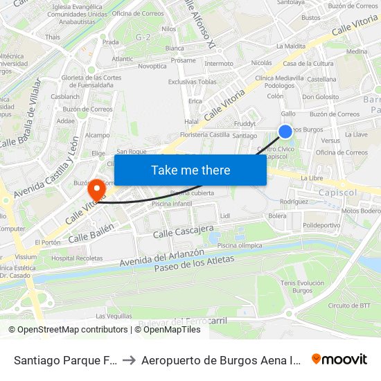 Santiago Parque Félix R.F. to Aeropuerto de Burgos Aena Informacion map