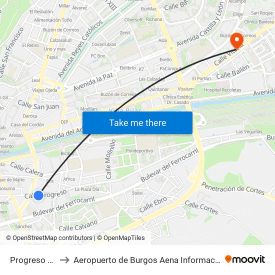 Progreso 18 to Aeropuerto de Burgos Aena Informacion map