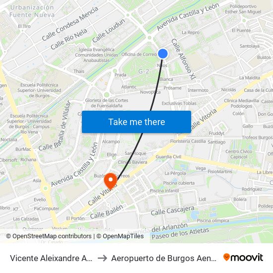 Vicente Aleixandre Ambulatorio to Aeropuerto de Burgos Aena Informacion map
