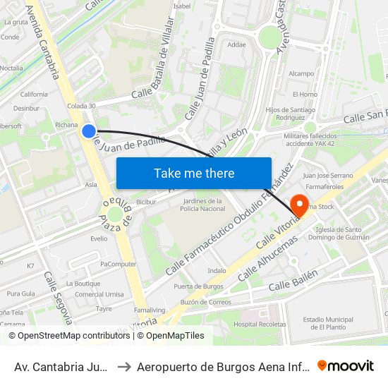 Avda. Cantabria 31 to Aeropuerto de Burgos Aena Informacion map