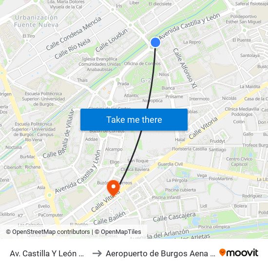 Av. Castilla Y León Aleixandre to Aeropuerto de Burgos Aena Informacion map