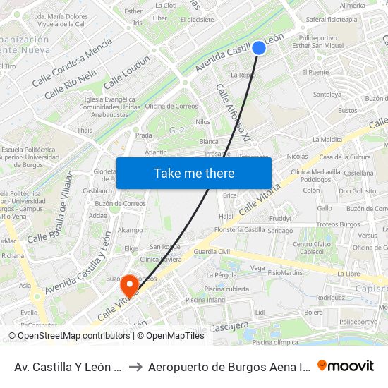 Avda. Castilla Y León 70 to Aeropuerto de Burgos Aena Informacion map