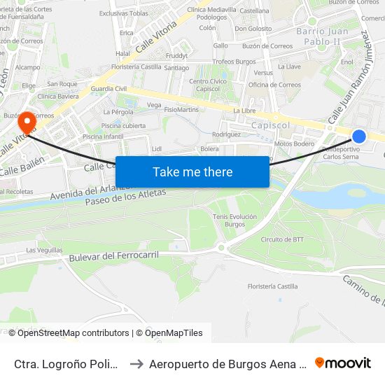 Ctra. Logroño Polideportivo to Aeropuerto de Burgos Aena Informacion map