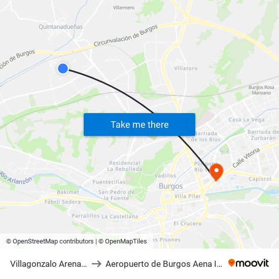 Villagonzalo Arenas to Aeropuerto de Burgos Aena Informacion map