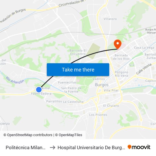 Politécnica Milanera to Hospital Universitario De Burgos map