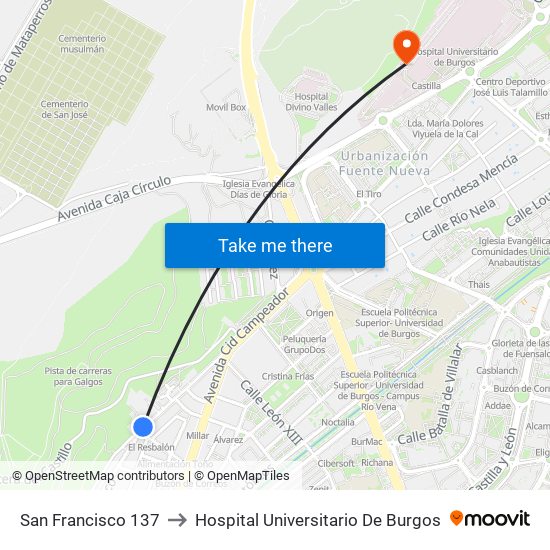 San Francisco 137 to Hospital Universitario De Burgos map