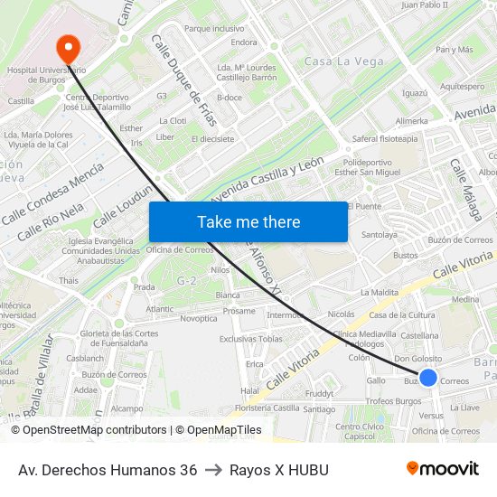 Av. Derechos Humanos 36 to Rayos X HUBU map