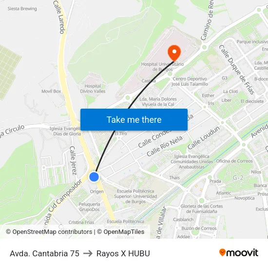 Avda. Cantabria 75 to Rayos X HUBU map