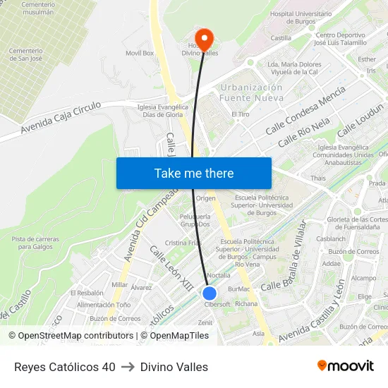 Reyes Católicos 40 to Divino Valles map