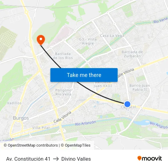 Av. Constitución 41 to Divino Valles map