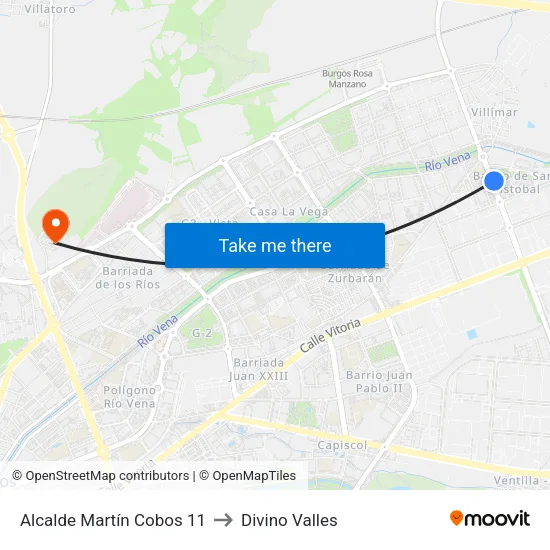Alcalde Martín Cobos 11 to Divino Valles map