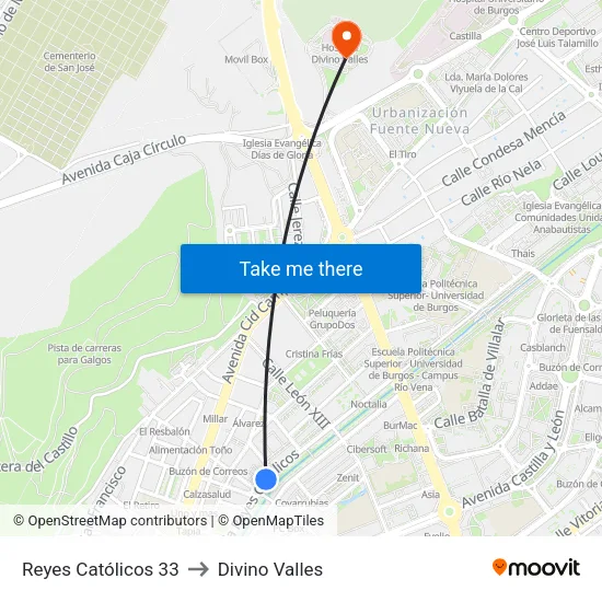 Reyes Católicos 33 to Divino Valles map