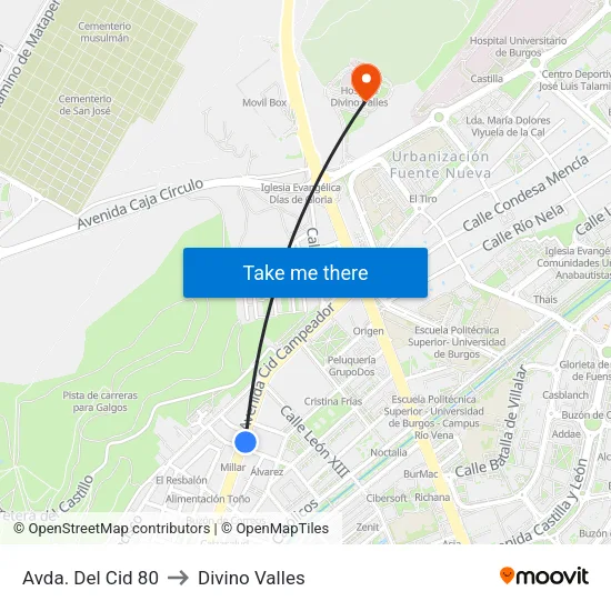 Avda. Del Cid 80 to Divino Valles map