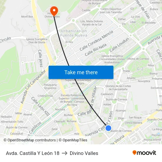 Avda. Castilla Y León 18 to Divino Valles map