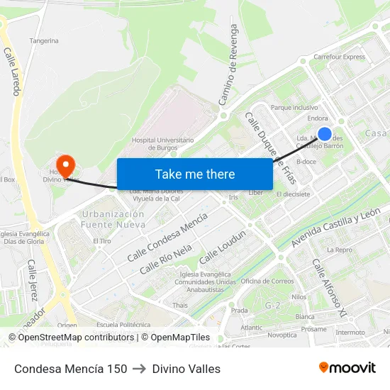 Condesa Mencía 150 to Divino Valles map
