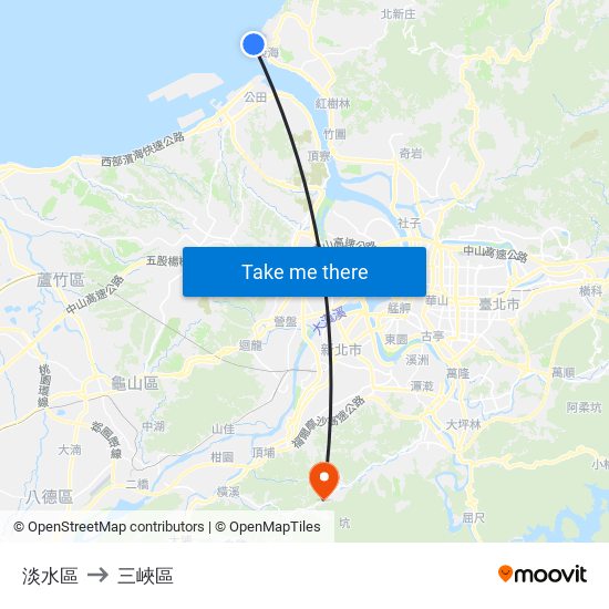 淡水區 to 三峽區 map