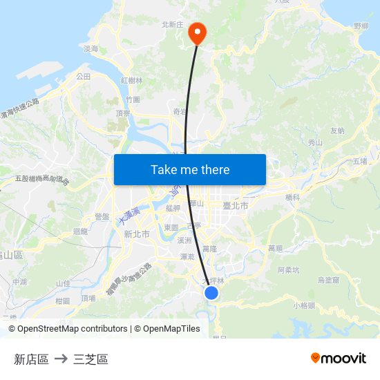 新店區 to 三芝區 map