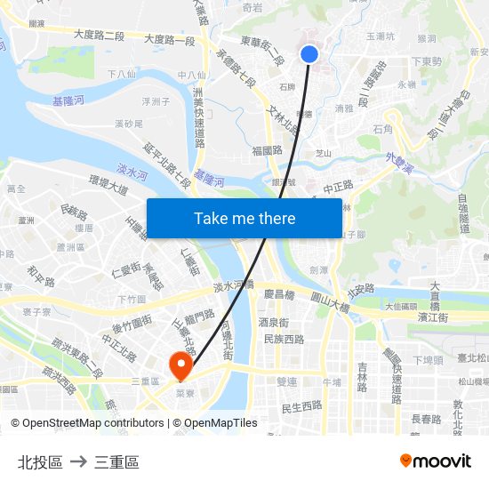 北投區 to 三重區 map
