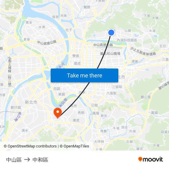 中山區 to 中和區 map