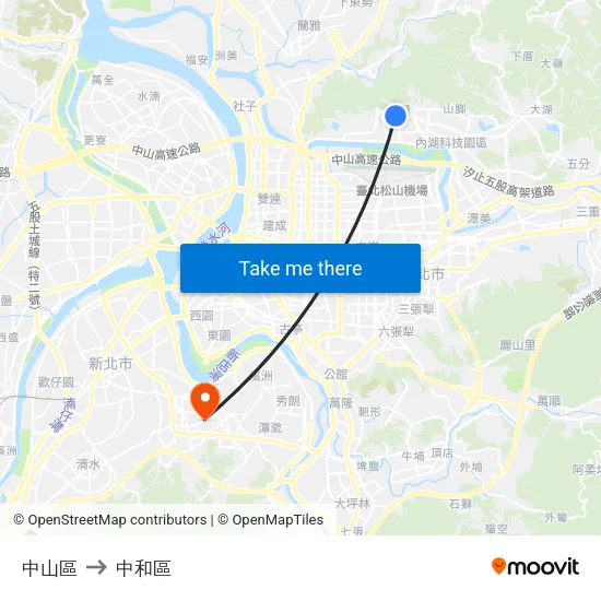 中山區 to 中和區 map