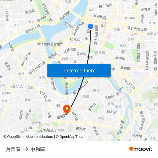 萬華區 to 中和區 map