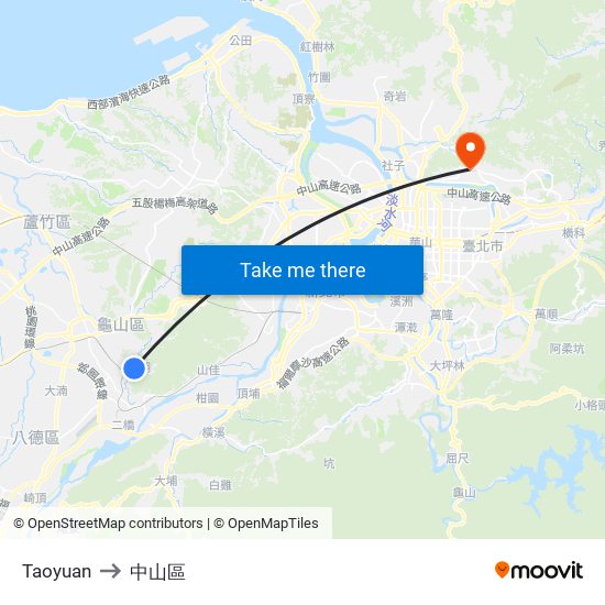 Taoyuan to 中山區 map