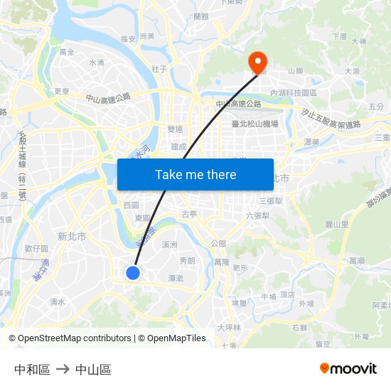 中和區 to 中山區 map