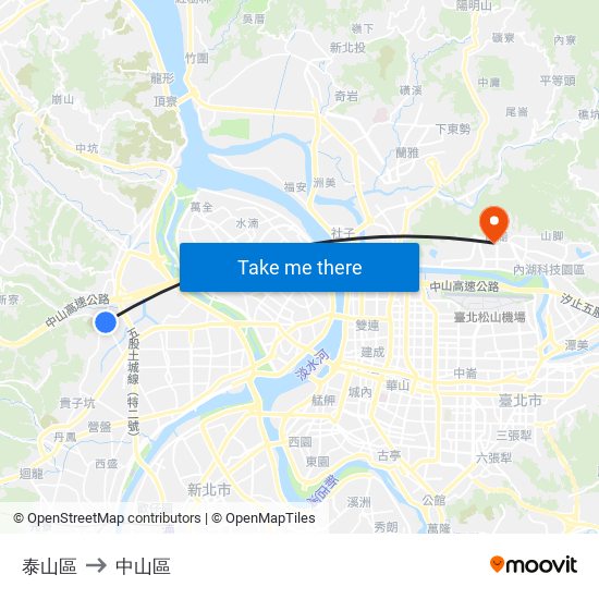 泰山區 to 中山區 map