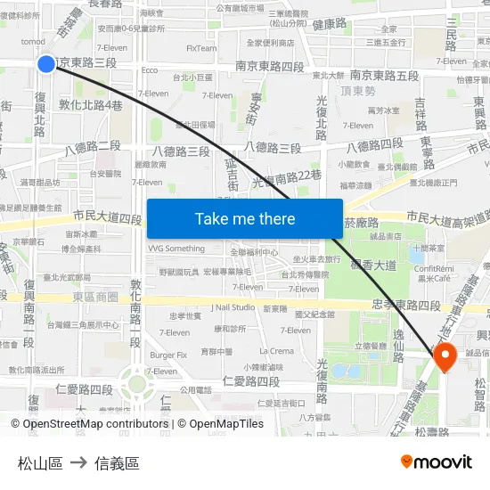 松山區 to 信義區 map