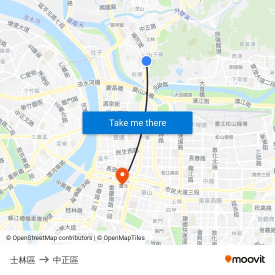 士林區 to 中正區 map