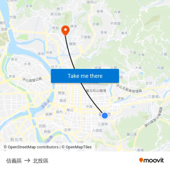 信義區 to 北投區 map